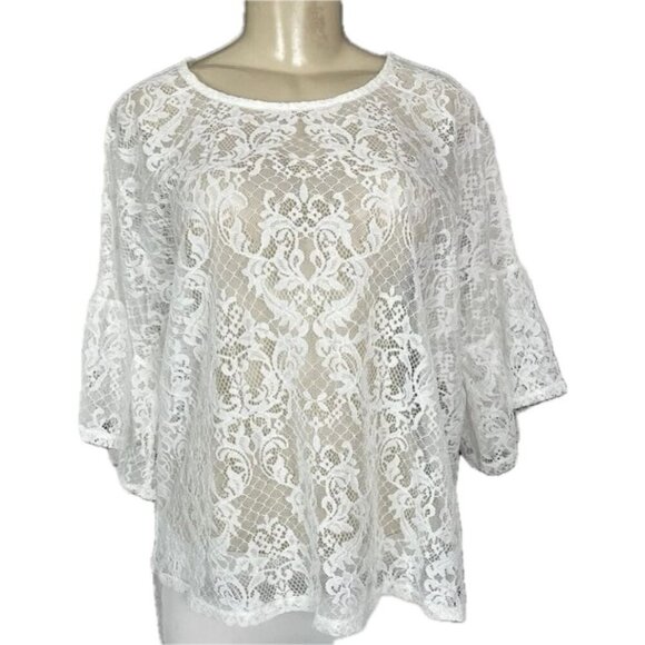 Bobeau L White Crew Neckline Sheer Lace Relaxed Fit 3/4 Bell Sleeve Blouse - Picture 2 of 6